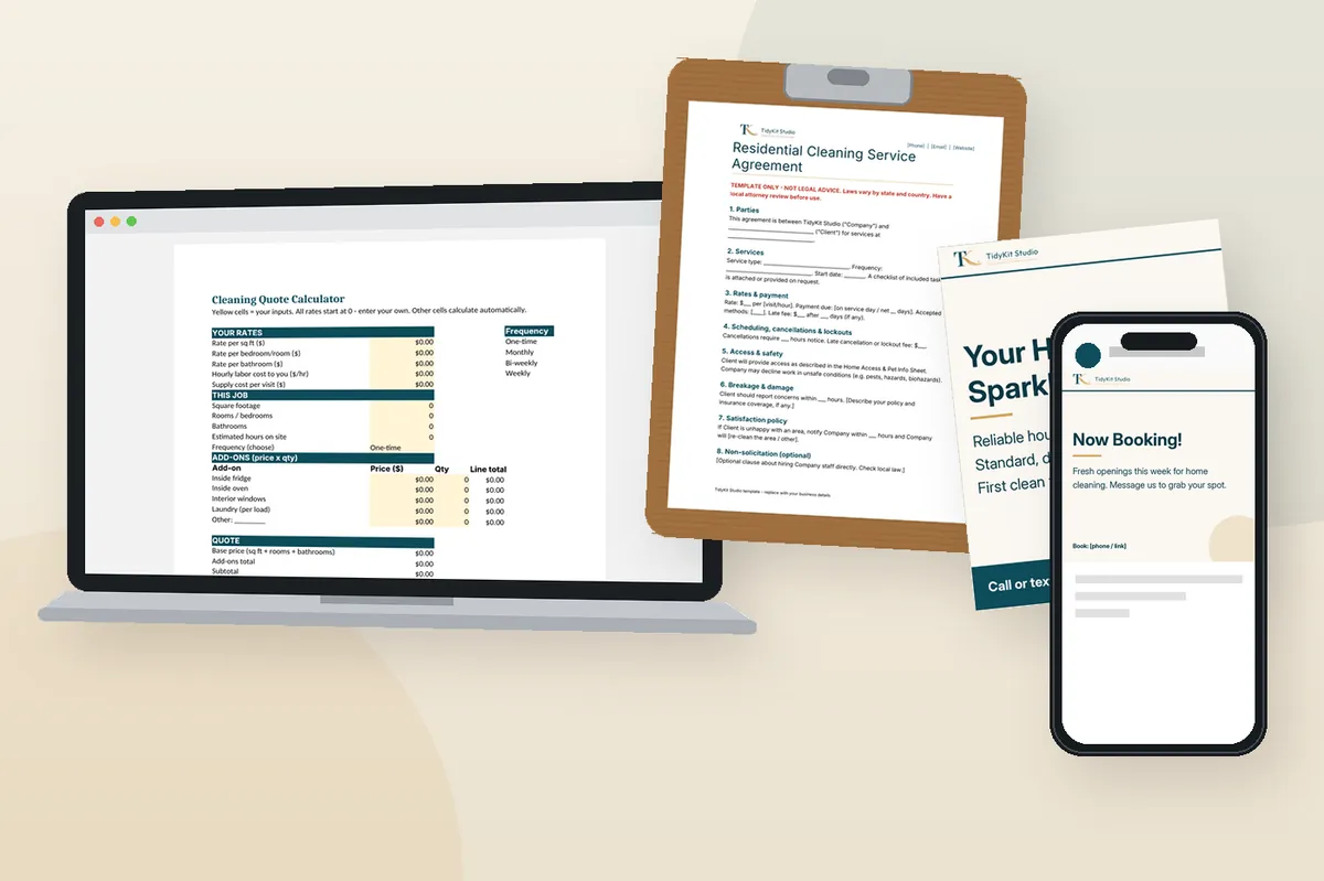 TidyKit templates shown on a laptop, clipboard, flyer and phone