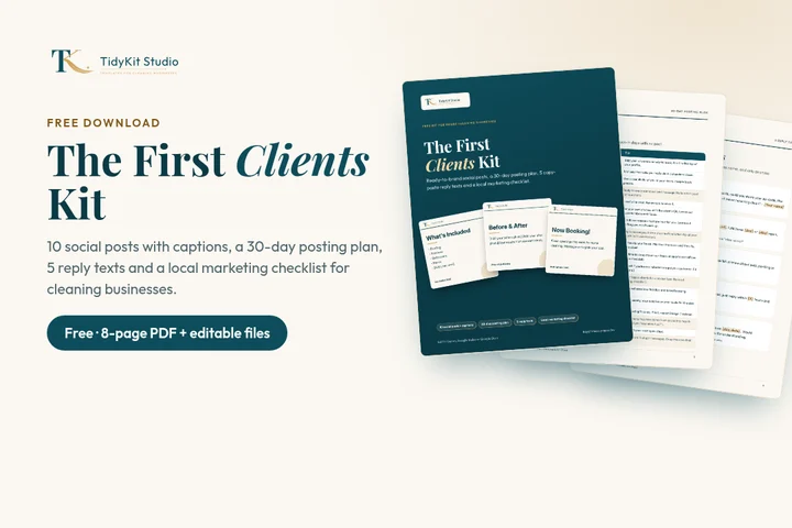 The First Clients Kit: cover, 30-day posting plan and reply texts pages