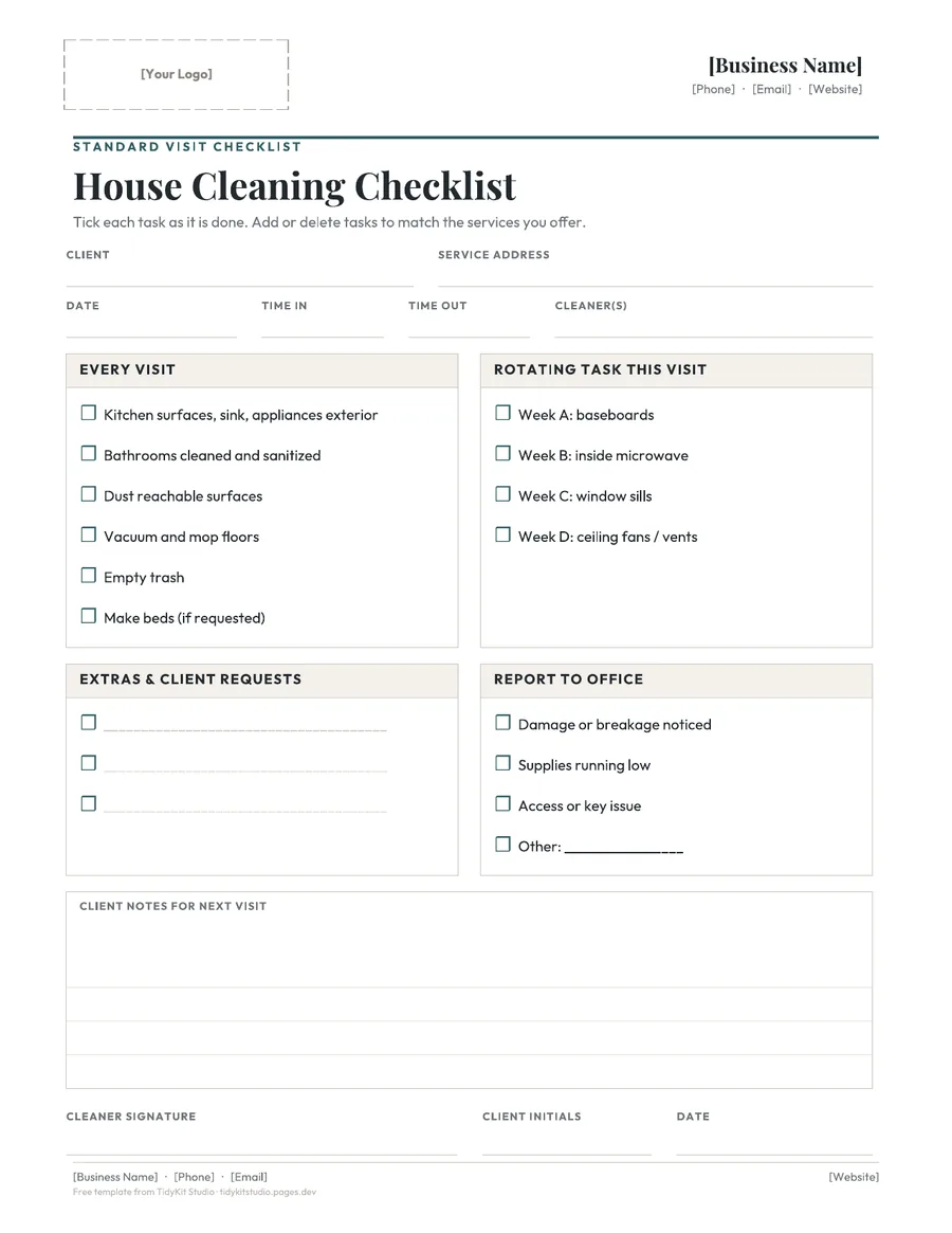 Free house cleaning checklist: one printable page with every-visit tasks, rotating tasks, extras, notes and sign-off, and a box for your logo