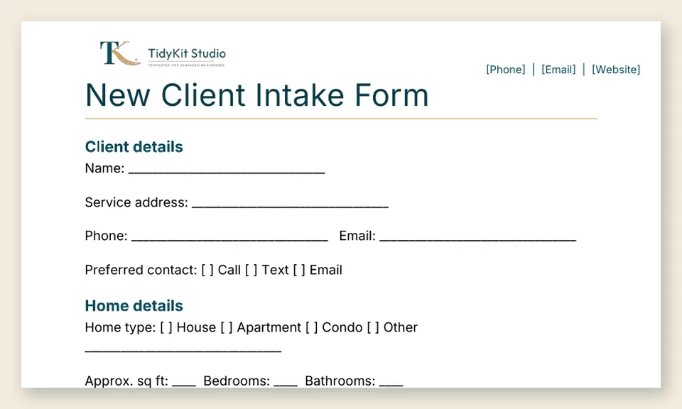Cleaning Client Paperwork Pack: close-up of a real page from the files