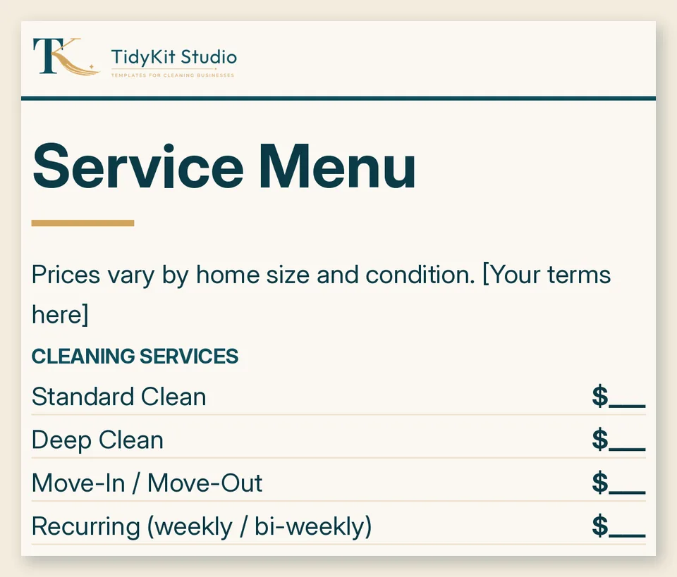 Cleaning Pricing & Promo Pack: close-up of a real page from the files