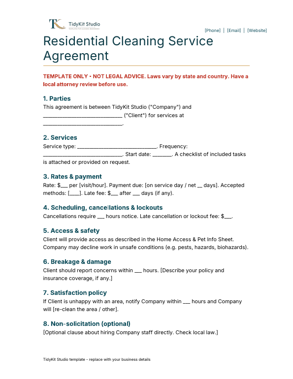 Residential cleaning service agreement template preview